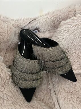 Zara Black Pointed Mules with Metallic Fringe